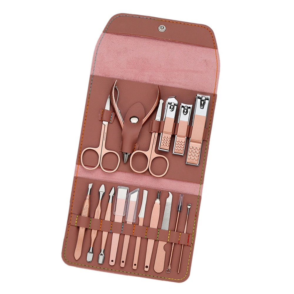 1 Set of 16PCS Rose Gold Nail Clippers Kit Portable Nail Art Tool PU Bag Packed Nail Clipper Set Special Manicure Tool Kit for Home Salon (Brown)