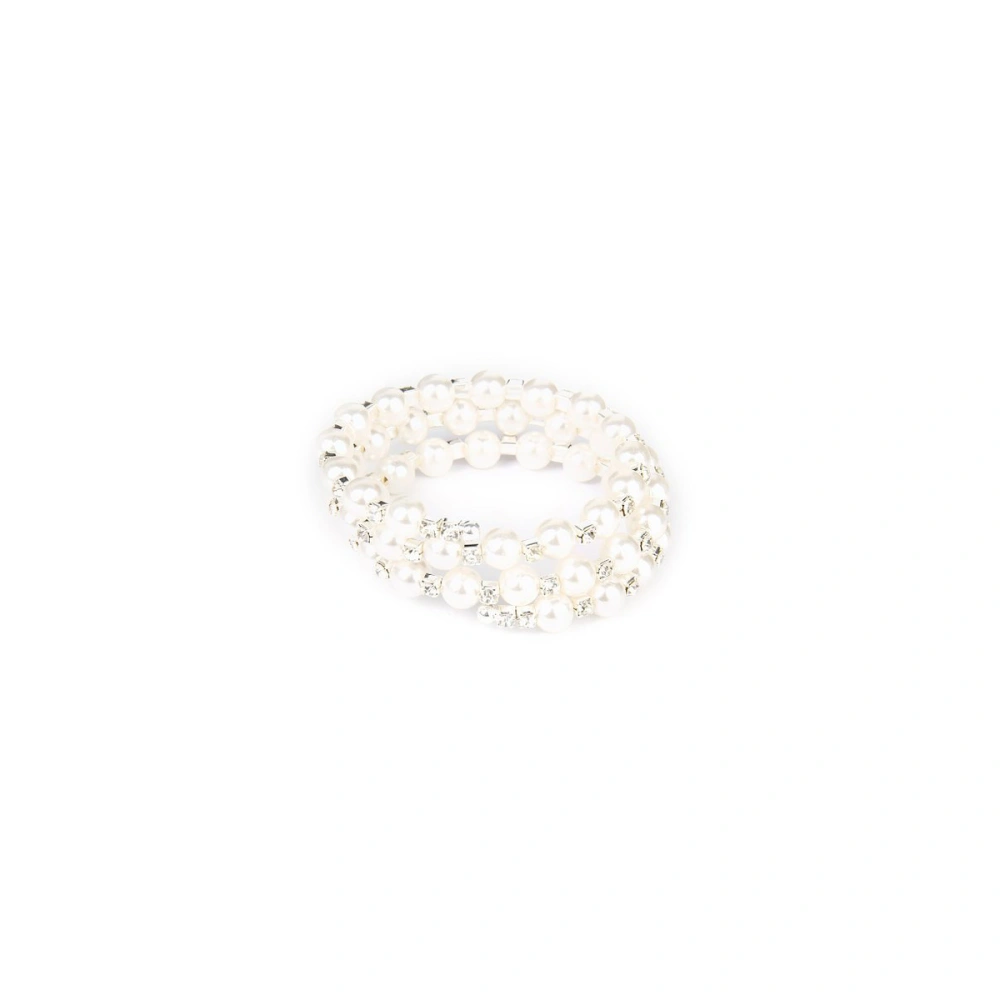 Women's Girls Pearl Rhinestone Docorated 3 Rows Elastic Bracelet Bangle