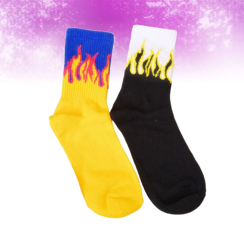 2 Pair Flame Pattern Cotton Socks Stockings Fashion Breathable Stockings Medium Tube Socks Clothes Accessory(Black+ Yellow)