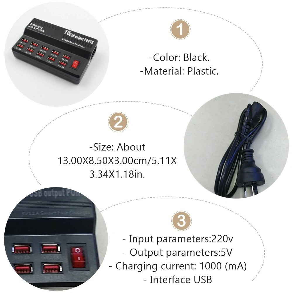 USB 10 Ports Smart Charging Adapter USB Charging Station with AU Plug Black