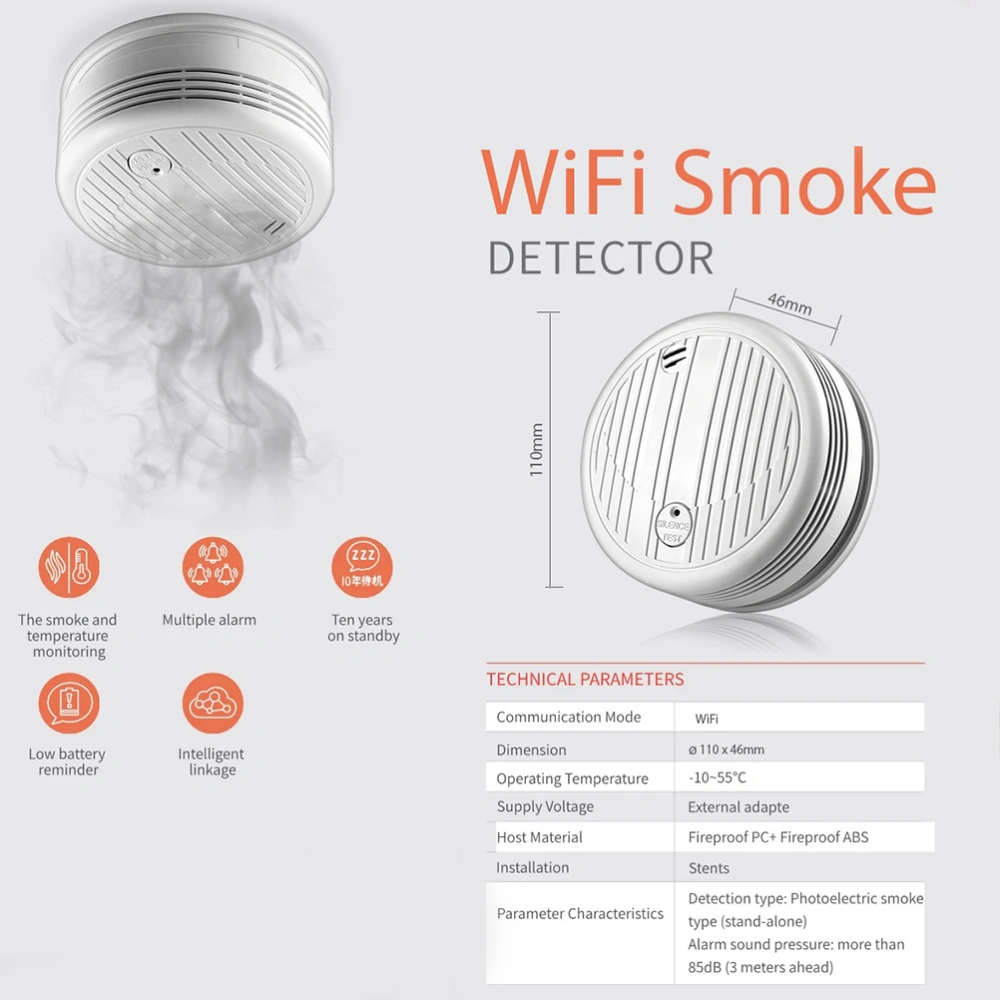 Smart Home Wireless Wifi Detector Liquefied Sensor Home Security Alarm Leak Tester for Home Living Room Office (White)