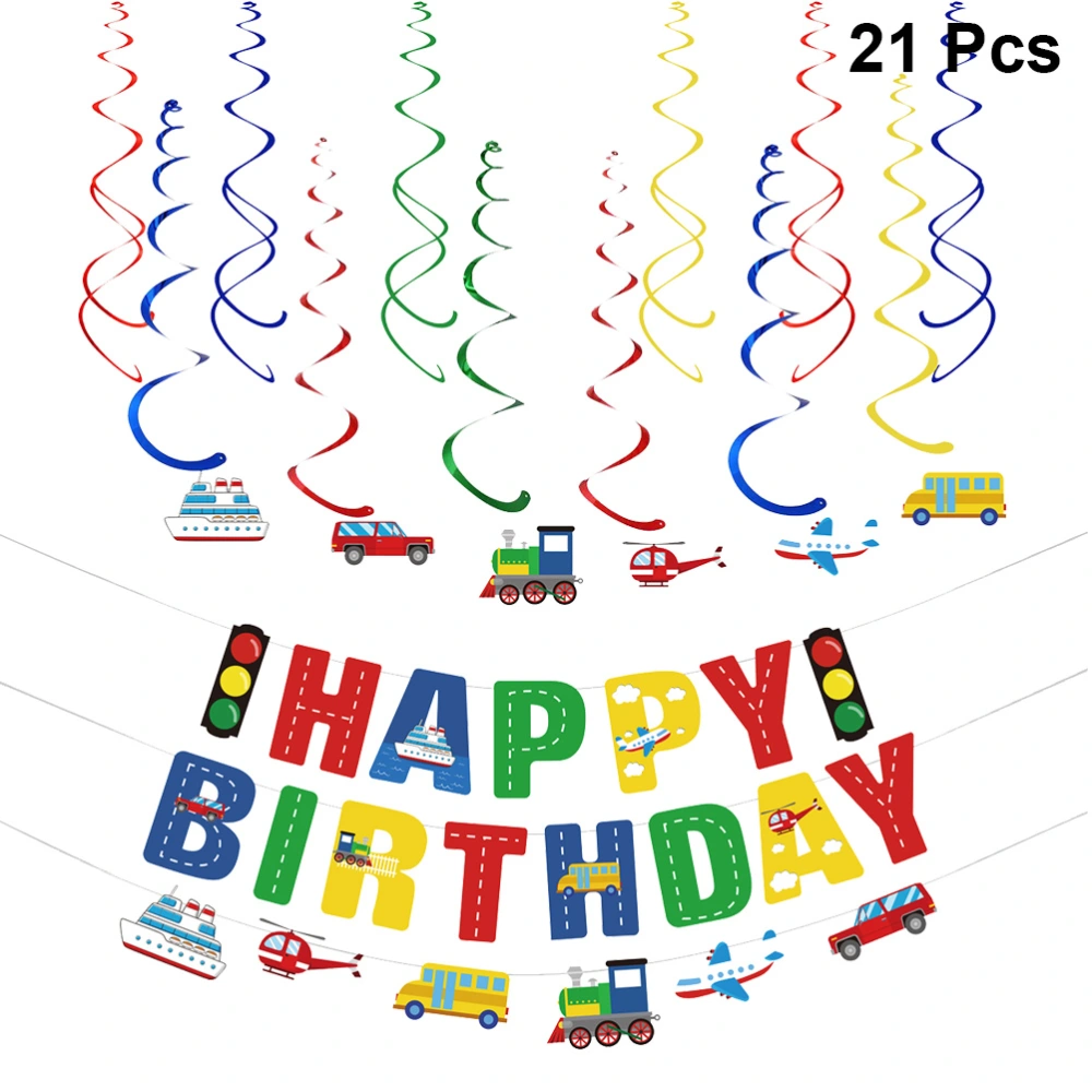 21pcs in 1 Set Vehicle Theme Birthday Banner and Spiral Swirl Set Car Design Flag and Ceiling Hanging Pendant Set Birthday Party Decoration Layout Supplies(12pcs Spiral, 6pcs Hanging and 3pcs in 1 Set Banner)