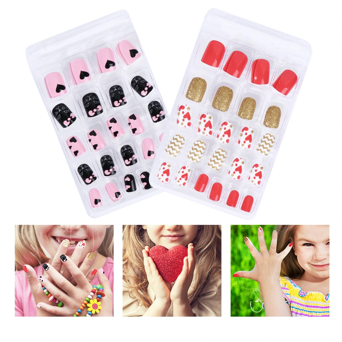 2 Sets 48pcs Kids False Nails Stick on Nails Kits for Kids Teenager Girls