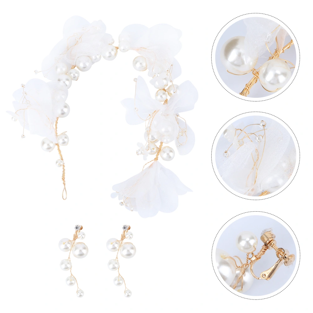 Wedding Dress Accessory Flowers Hair Pearl Headwear Fairy Hair Ribbon for Woman Braid Photo Party (White Hair Band + Ear Clip)