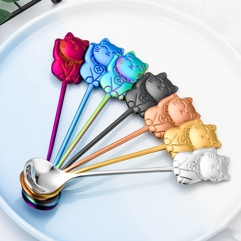 304 Stainless Steel Luck Cat Coffee Stirring Spoon Cartoon Dessert Spoon for Eating Dinner Kitchen (Purple)