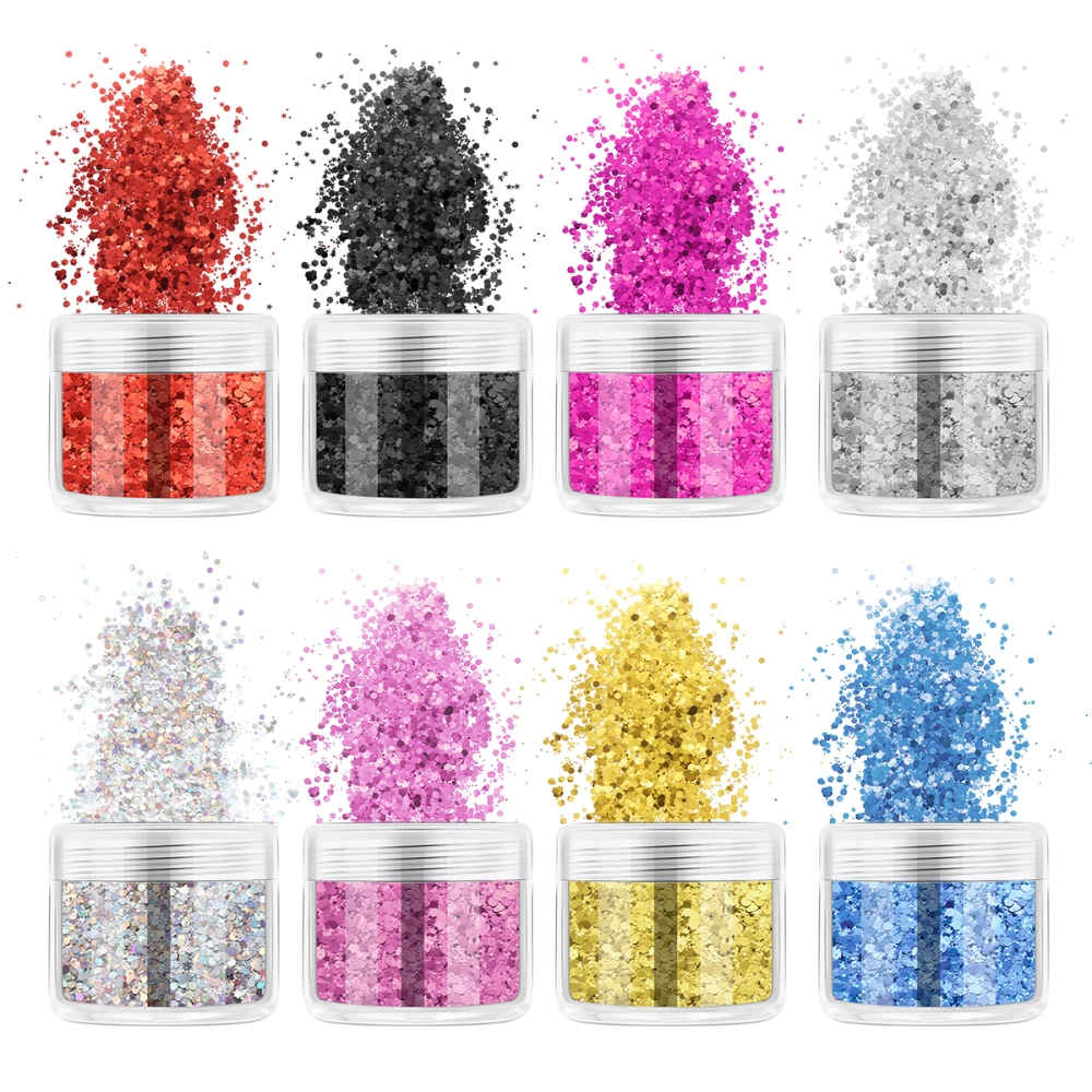 SUPVOX 8 Boxes Glitter Sequins Holographic Assorted Chunky Glitter Flakes for Face Body Hair