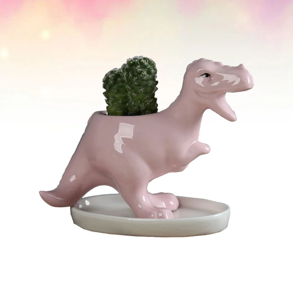 1PC Dinosaur Succulent Flower Pot Animal Shaped Flowerpot Decor Cartoon Tyrannosaurus Succulent Flowerpot Crafts Ceramic Succulent Plant Potted Flowerpot with Tray Creative Household Desktop Decor for Home Office (Pink)