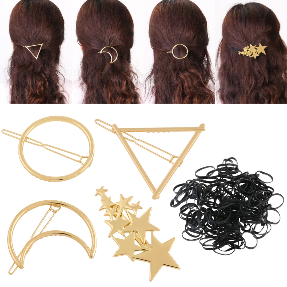 PIXNOR 4pcs Minimalist Dainty Gold Hollow Geometric Metal Hairpin Hair Clip Clamps with Mini Elastic Hair Ties (Circle + Triangle + Moon + Star Shapes)