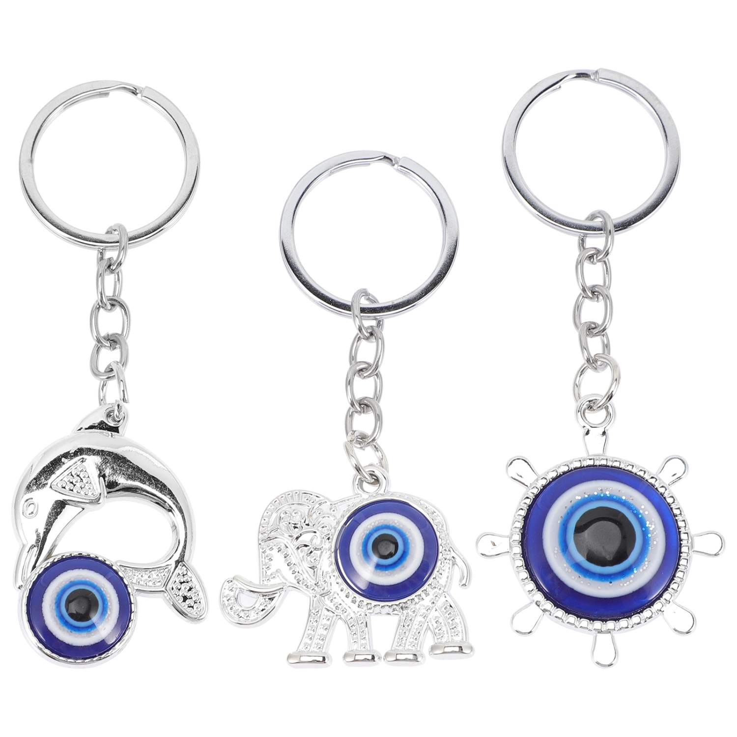 3pcs Turkish Evil Eye Keychain Key Ring Rudder Dolphin and Elephant Key Chain Set