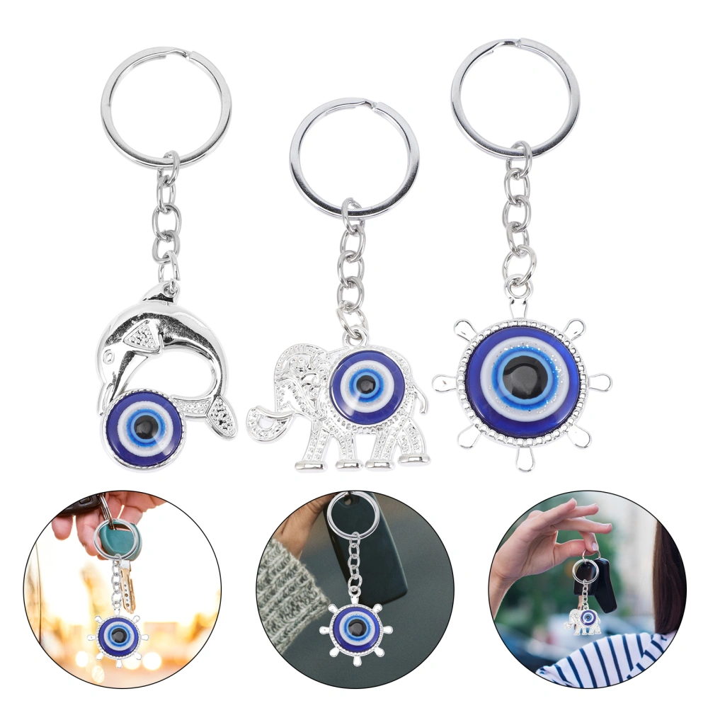 3pcs Turkish Evil Eye Keychain Key Ring Rudder Dolphin and Elephant Key Chain Set