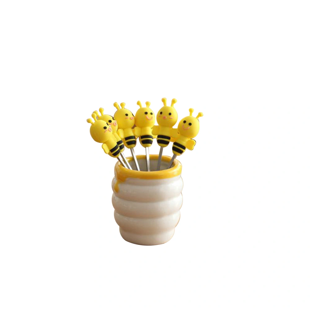 6pcs Silicone Bee Fruit Forks Set Stainless Steel Dessert Picks Forks with Ceramic Holder for Party and Daily Use