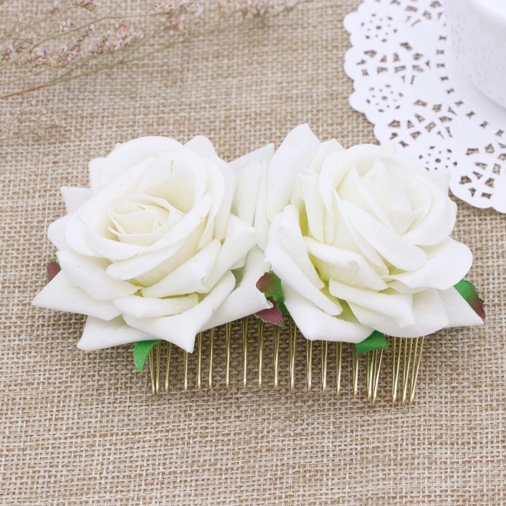 Rose Flower Hair Comb Floral Hair Accessory Headpiece for Women Girls Wedding Bridal (Beige)