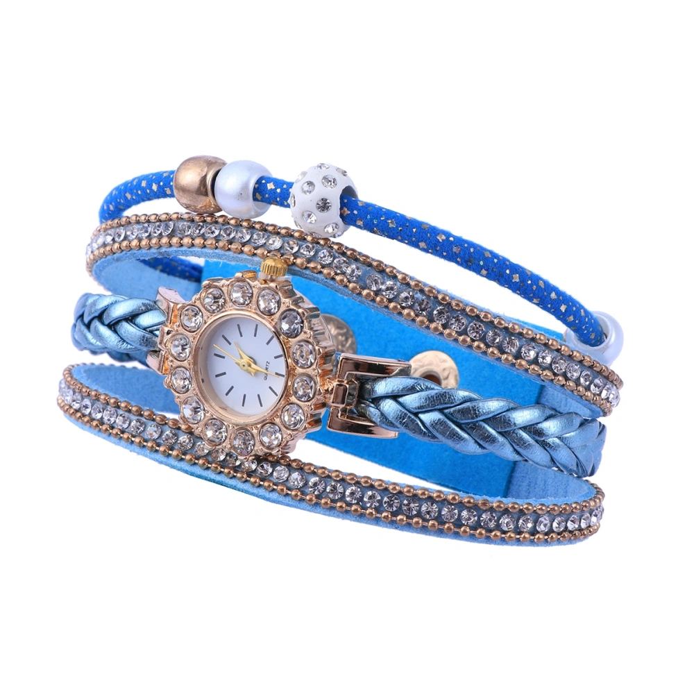 Women Weave Watch Fashion Personality Bracelet Diamond-studded Pearl Multi-layer Watch (Royalblue)