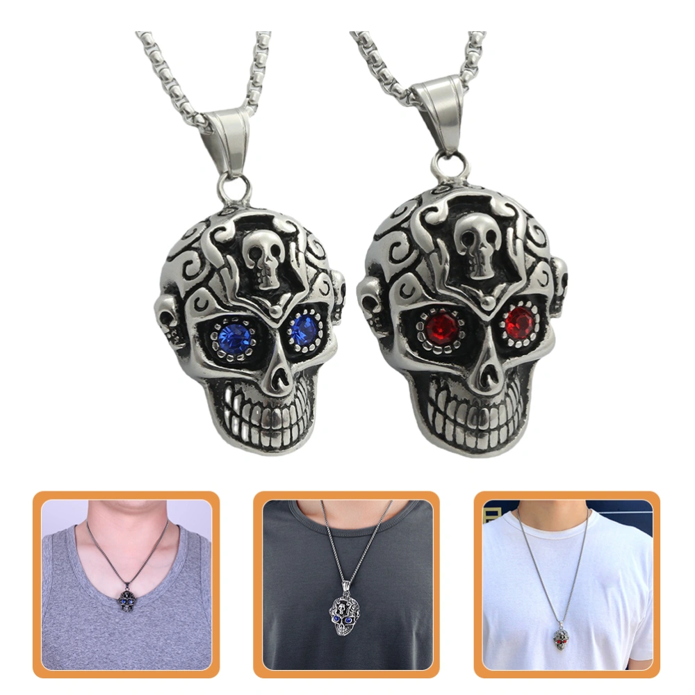 2Pcs Halloween Skull Necklace Stainless Steel Gothic Punk Statement Jewelry for Men Women