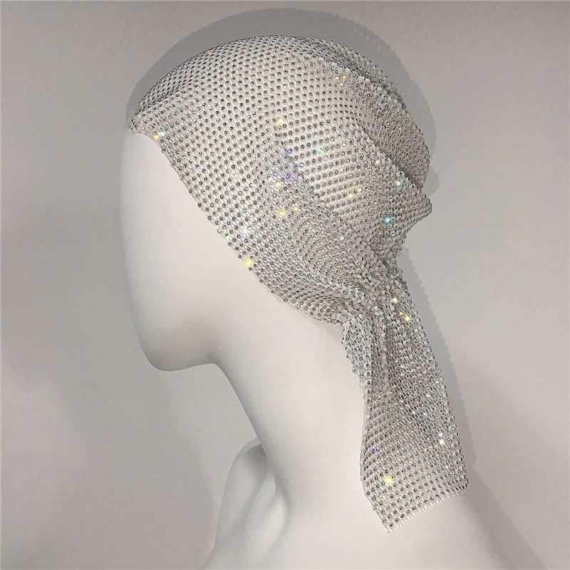 Hijab Cap Women Rhinestone Turban Elastic Rave Head Scarf Lady Bling Sparkly Cap