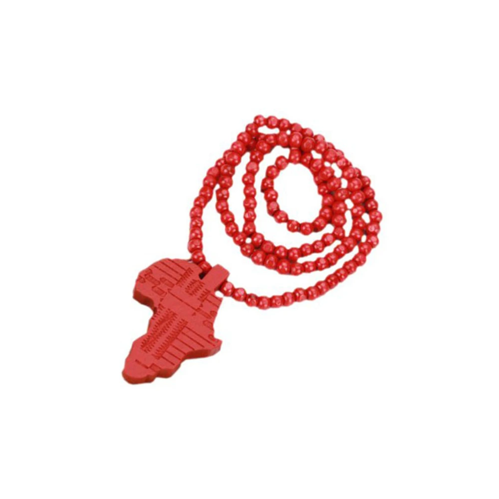 African Tribal Style Wooden Pendant Bead Chain Necklace (Red)