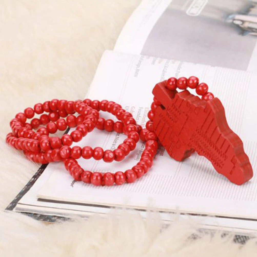 African Tribal Style Wooden Pendant Bead Chain Necklace (Red)