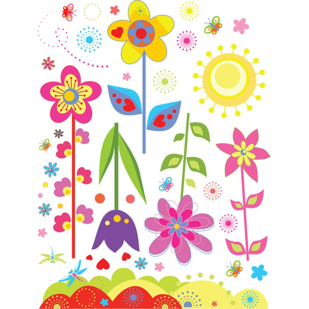 Cartoon Flower Removable Wall Art Decals Wall Stickers for Kids Bedroom Living Room Decoration