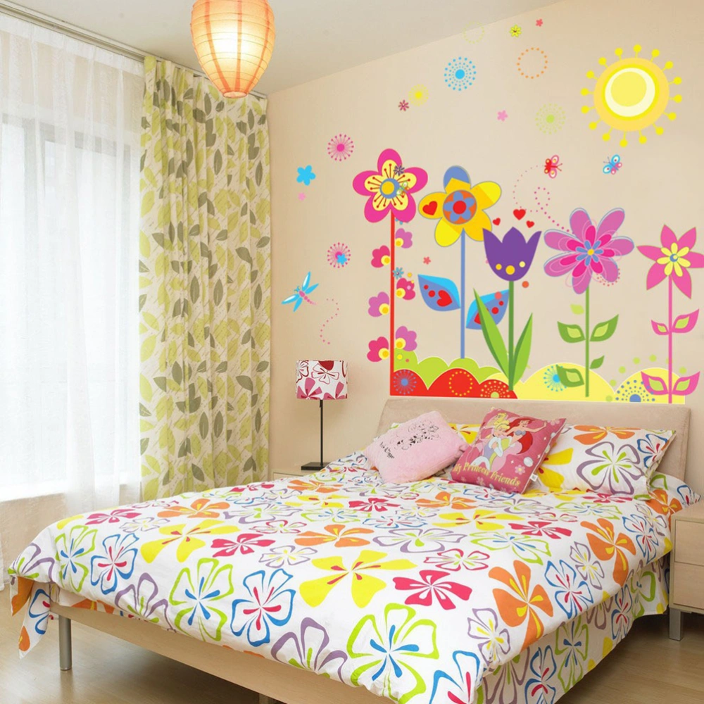 Cartoon Flower Removable Wall Art Decals Wall Stickers for Kids Bedroom Living Room Decoration