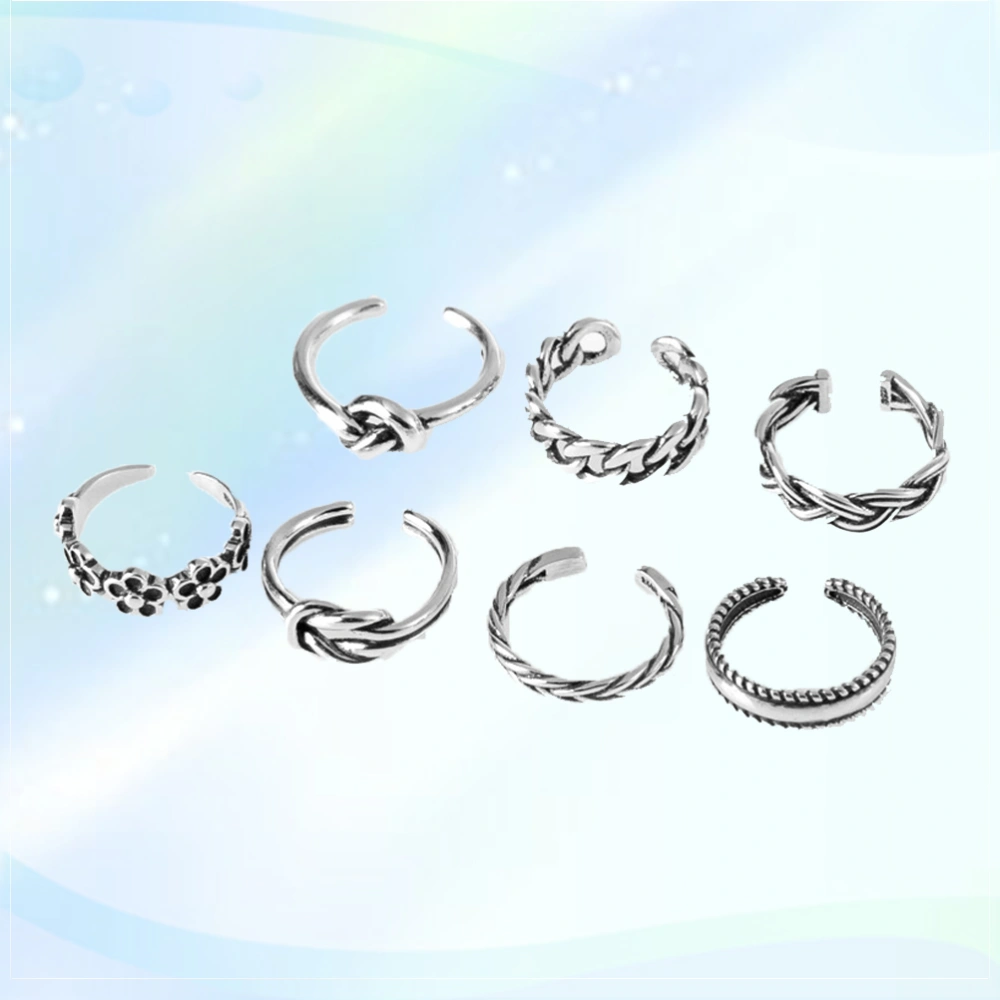 7 Pcs Unisex Foot Rings Trendy Fashion Folk-custom Alloy Plating Geometric Seaside Toe Joint Rings Set Opening Rings (Silver)