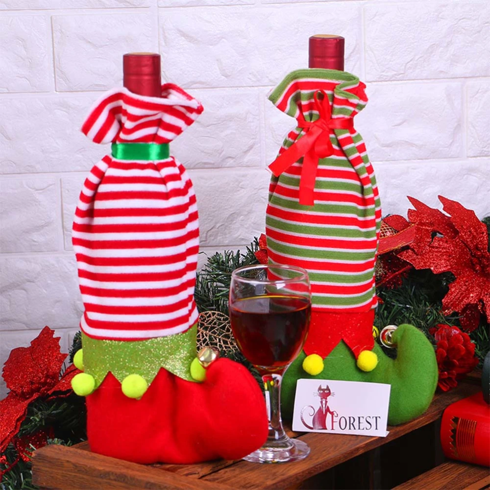 3pcs Christmas Champagne Wine Bottle Cover Stripe Decorative Cover Home Party Table Decorations Christmas Decoration