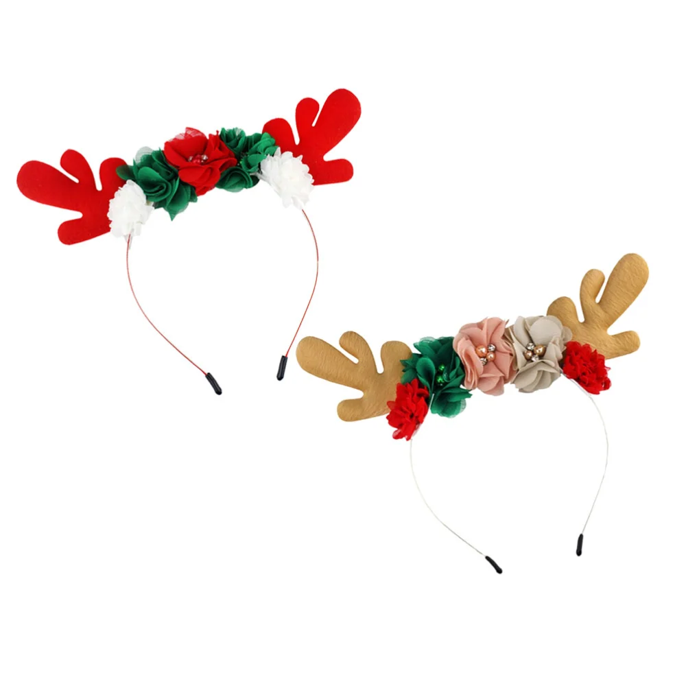 2Pcs Creative Antler Head Hoops Christmas Flower Headband Beautiful Headwear Kids Headband Costume Accessory Masquerade Party Supplies