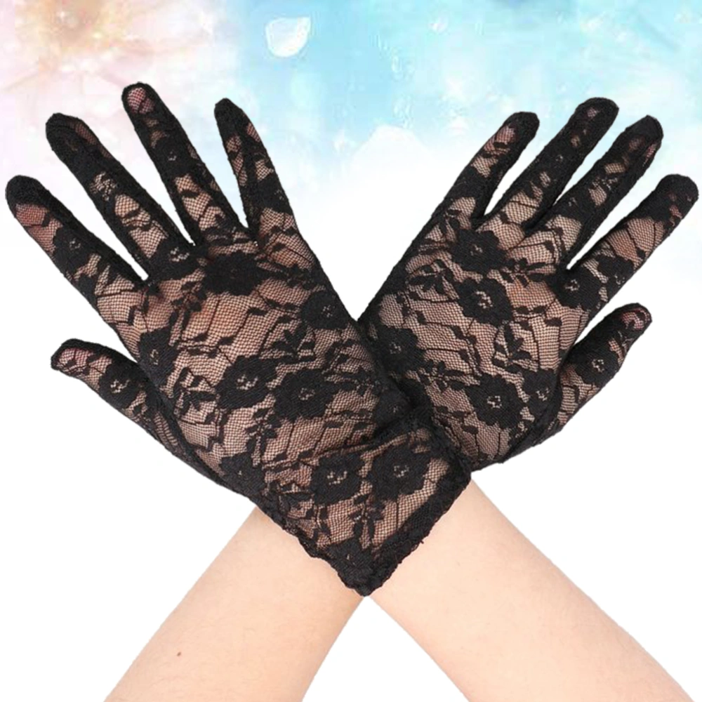 1 Pair of Summer Short Lace Gloves UV Protection Full Finger Gloves Outdoor Driving Gloves Prom Party Driving Wedding Gloves  (Black)