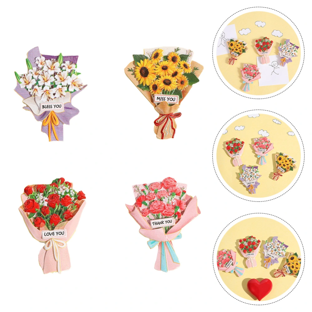 4PCS 3D Stereo Resin Refrigerator Magnet Delicate Bouquet Fridge Magnet Decor