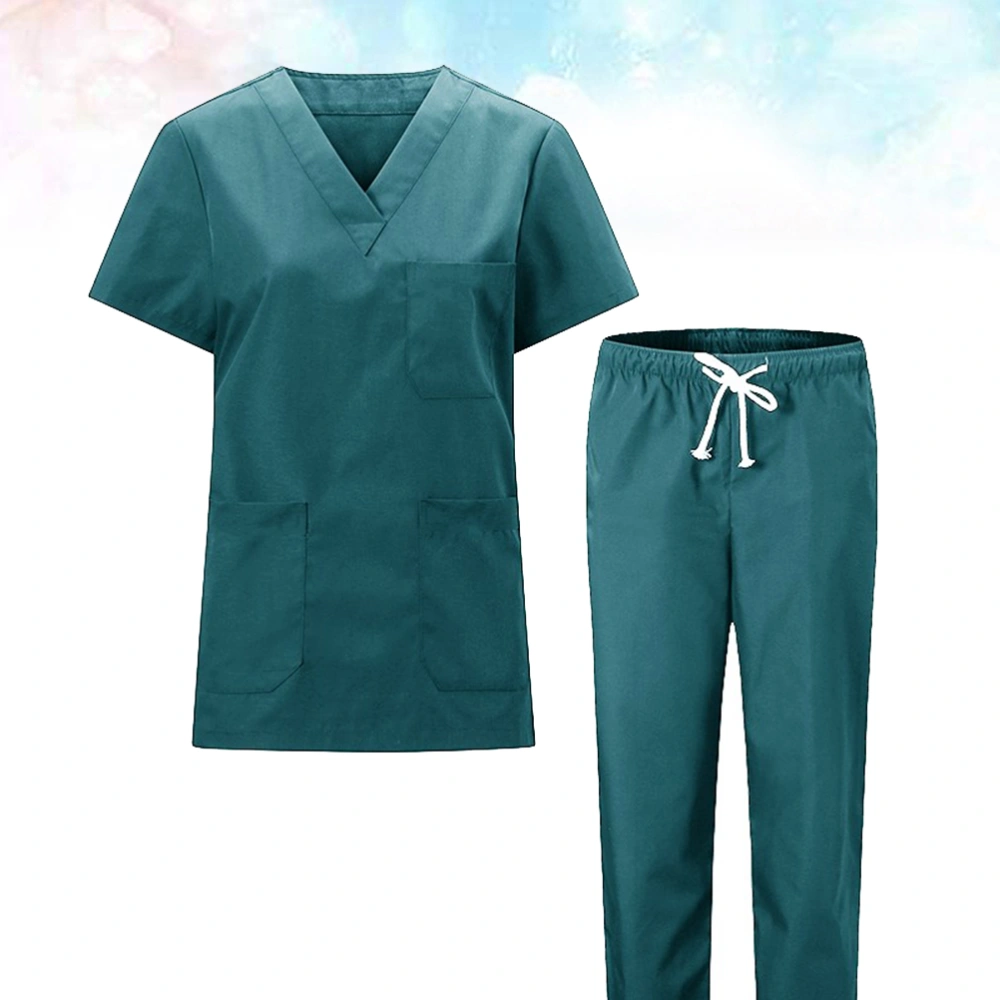 1 Set of Nursing Uniform Cotton Clothes Short Sleeve and Pants - Size M (Dark Green with 1 Pocket or 3 Pockets for Random)