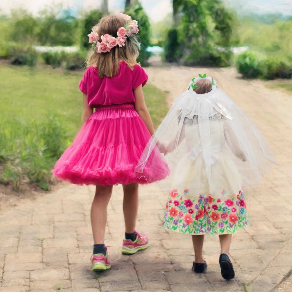 1PC Flower Girl Veils Delicate Double Layers Veils Kids Children Wreath Hair Headwear (White)