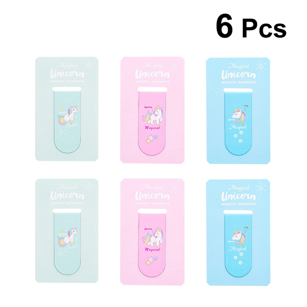 6pcs Unicorn Magnetic Bookmarks Books Marker of Page School Stationery Paper Clip (Pink, Green and Blue)