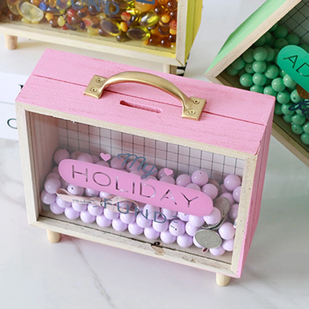 Wooden Coin Box Handle Slots Money Box Wooden Money Box Bedroom Decorative Standing Storage Piggy Bank (Pink)