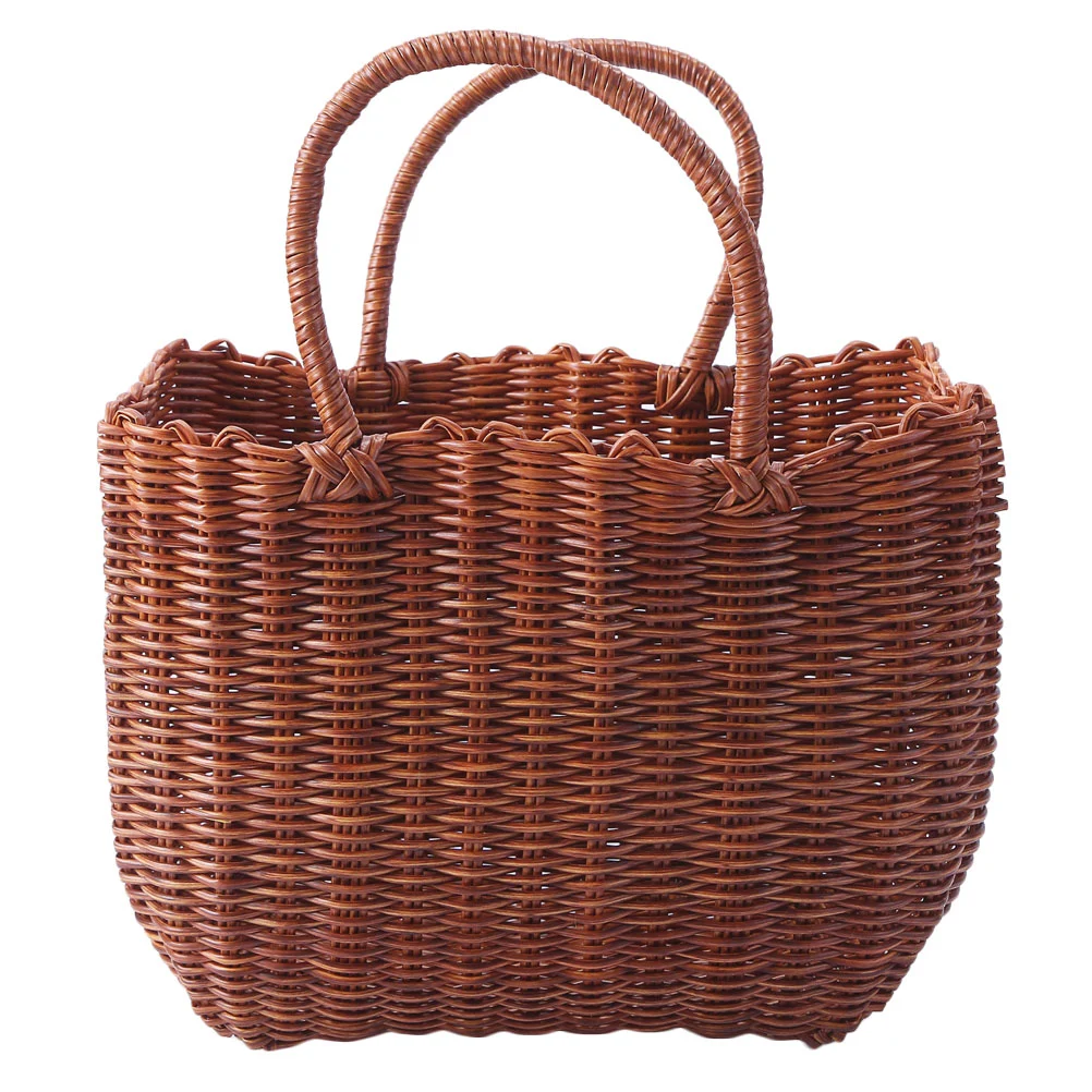 1Pc Plastic Woven Picnic Basket Portable Outdoor Fruit Storage Holder Brown