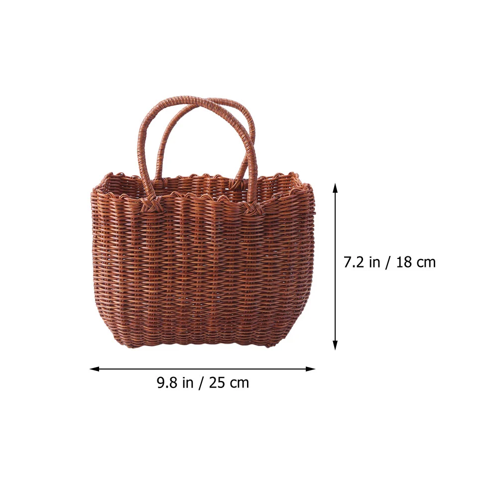 1Pc Plastic Woven Picnic Basket Portable Outdoor Fruit Storage Holder Brown