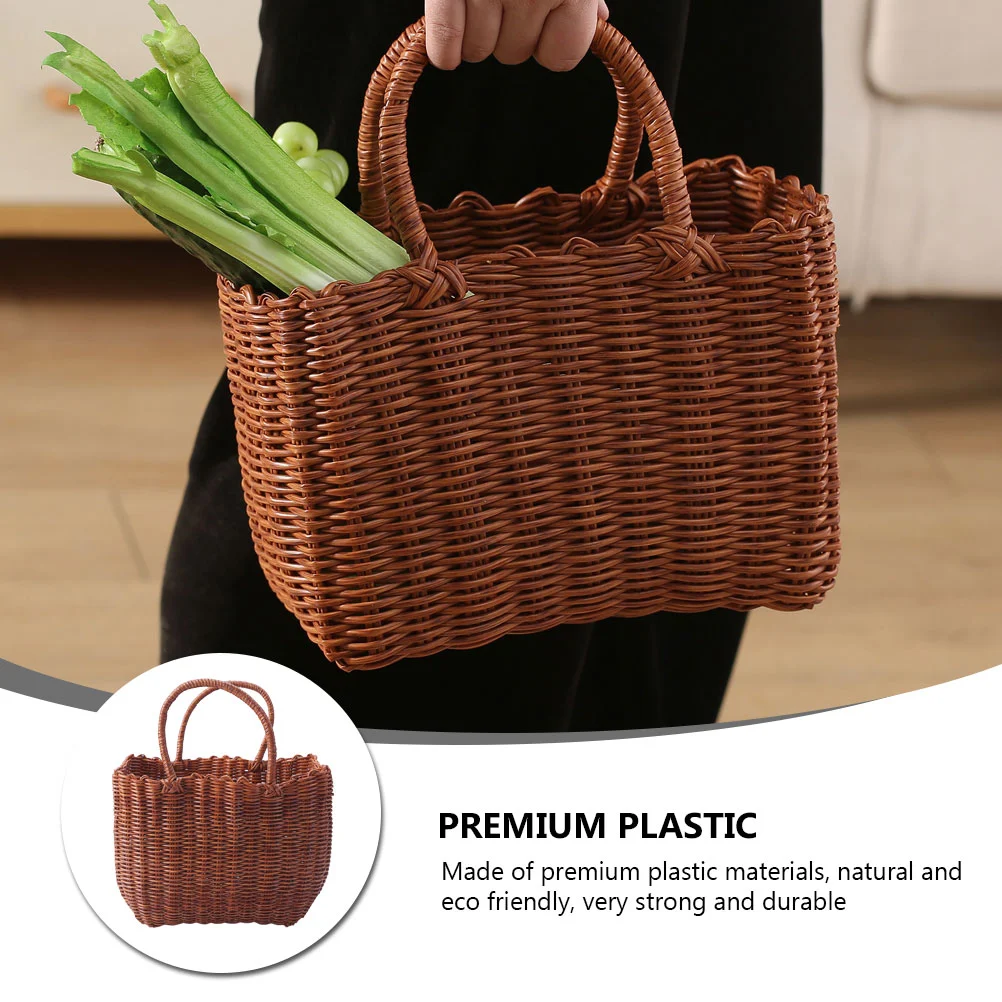 1Pc Plastic Woven Picnic Basket Portable Outdoor Fruit Storage Holder Brown