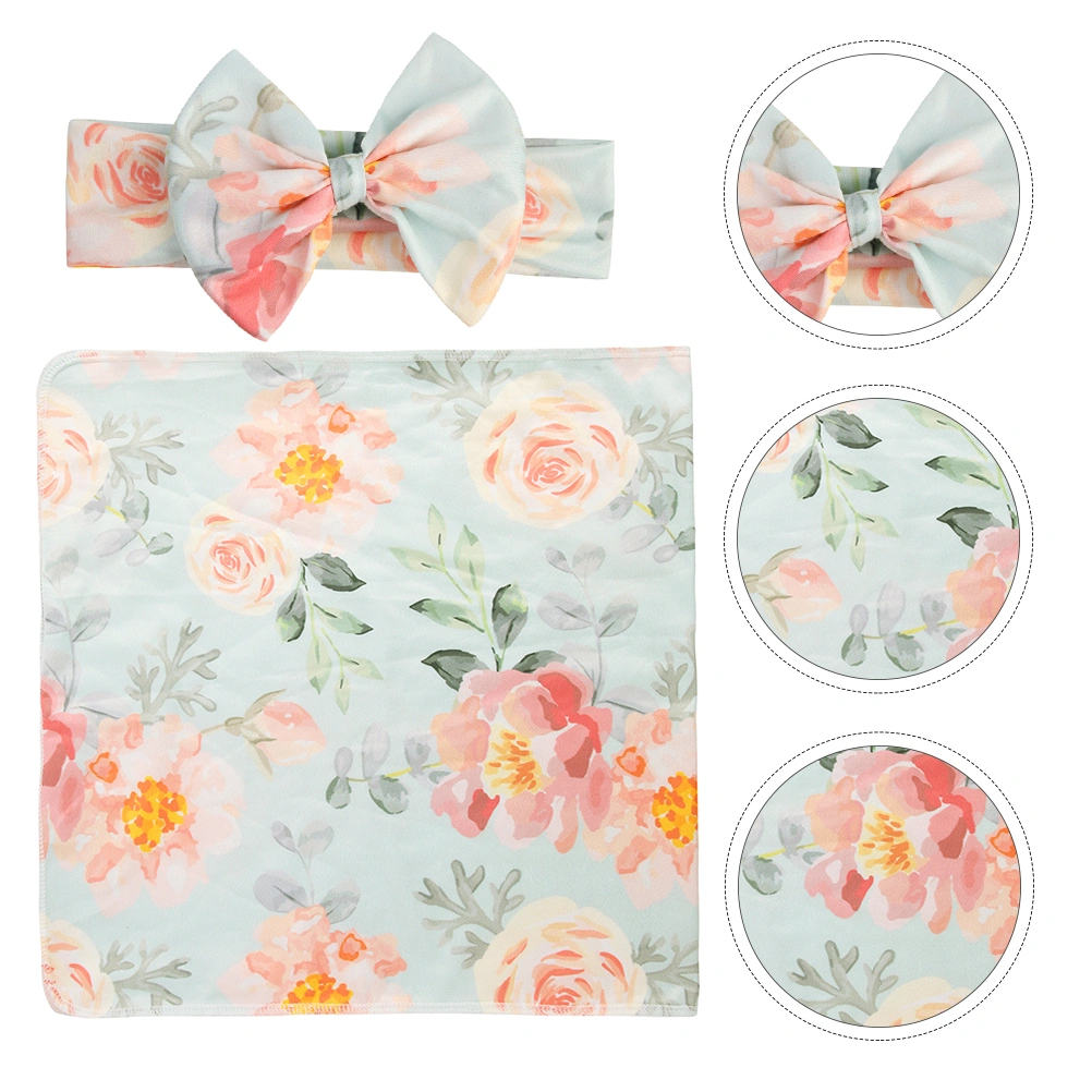 1 Set Baby Floral Printing Blanket and Bowknot Headband Baby Wrap Kit Gift