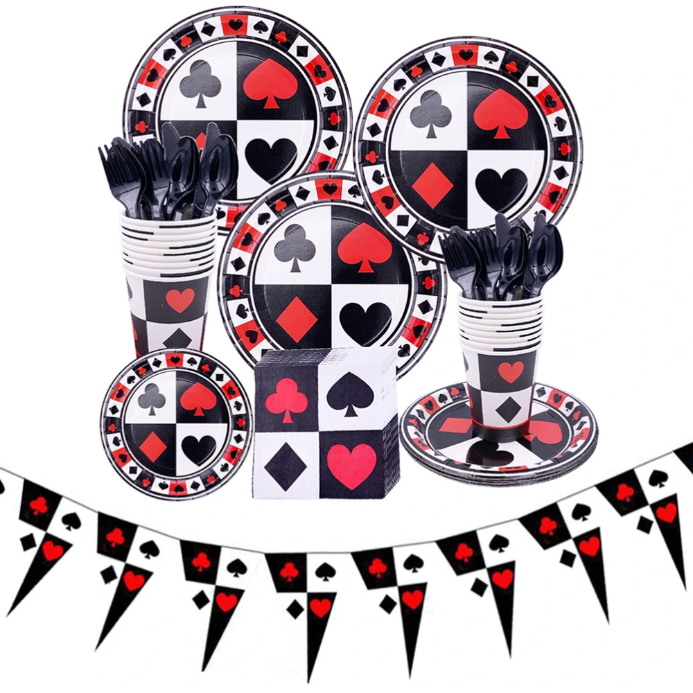 113pcs Poker Themed Disposable Tableware Banner Set Paper Dinnerware Party Supplies for Wedding Birthday Festival (for 16 Person)