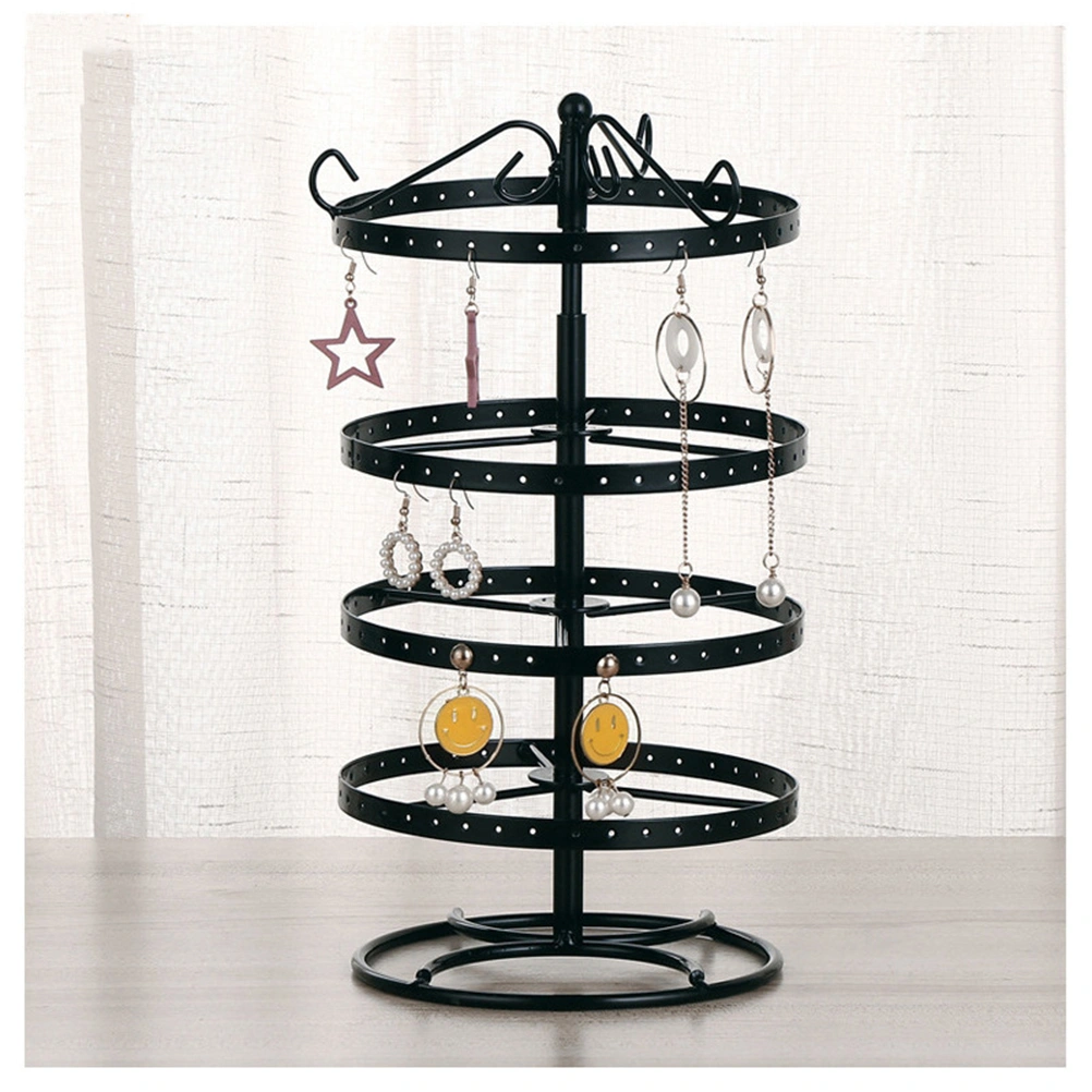 1pc 4 Layer Iron Art Earrings Storage Rack Rotating Jewelry Rack Simple Durable Ear Rings Display Stand With 168 Holes (Black)