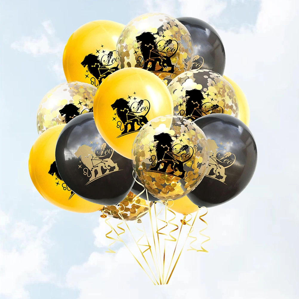 15Pcs Leo Constellation Sequins Decorative Balloons Wedding Balloons Layout for Wedding Birthday（Black Golden Transparent for Each 5Pcs)