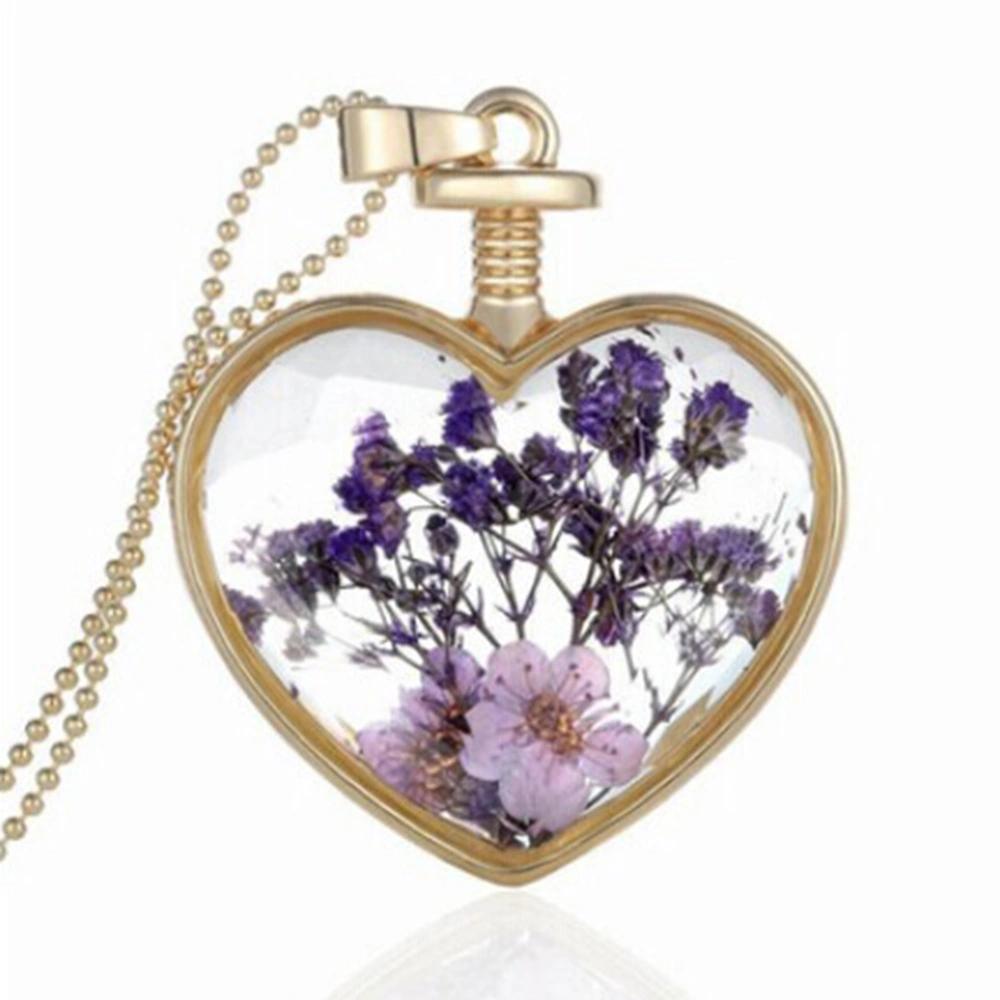 Women Transparent Dried Plant Flower Specimens Heart Shaped Necklace Pendant (Purple+Golden)