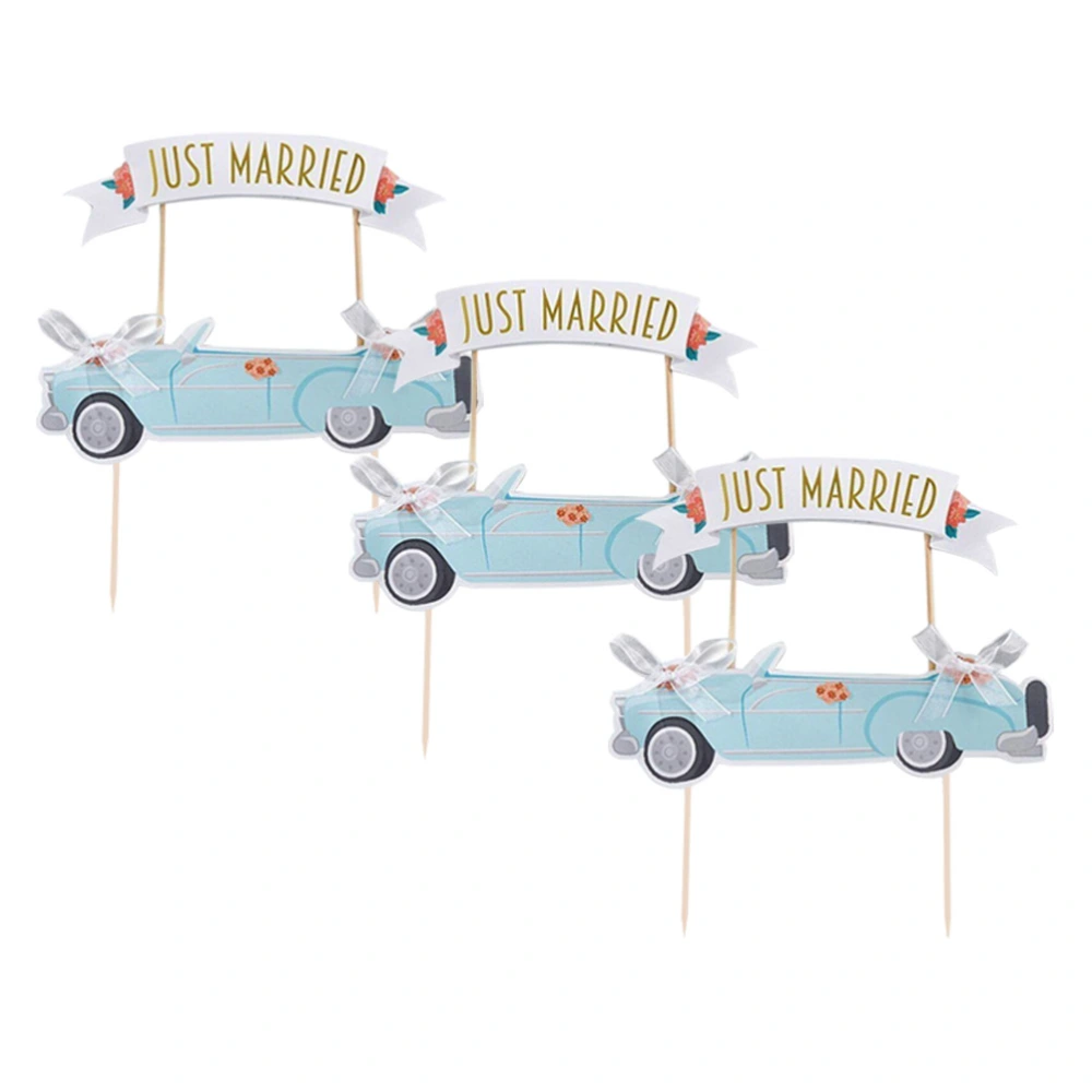 Just Married Car Cake Toppers Bowknot Cake Picks Paper Cupcake Decor Party Supplies for Wedding