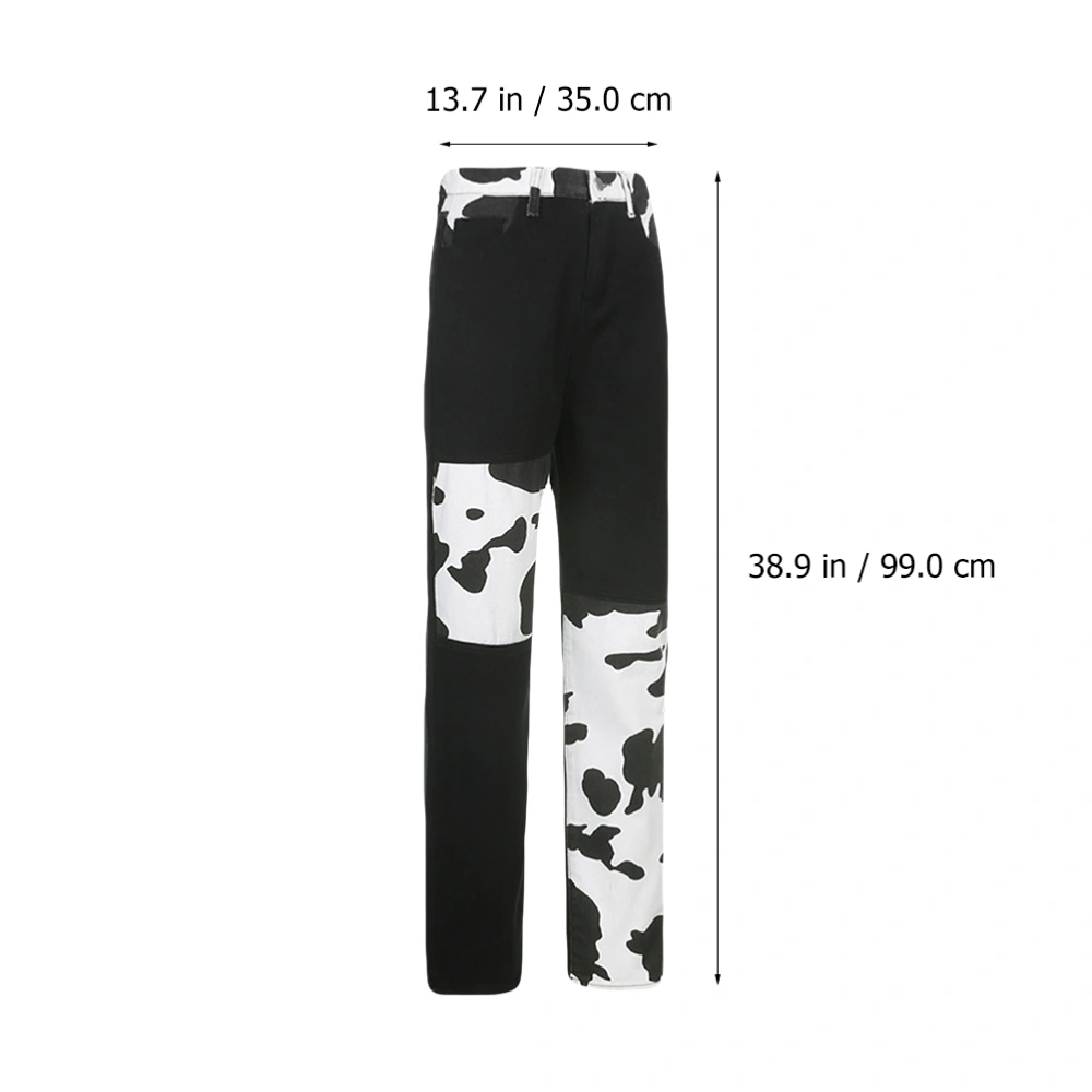 1 Pair Cow Pattern High Waist Loose Jeans Fashionable Women Straight Jeans