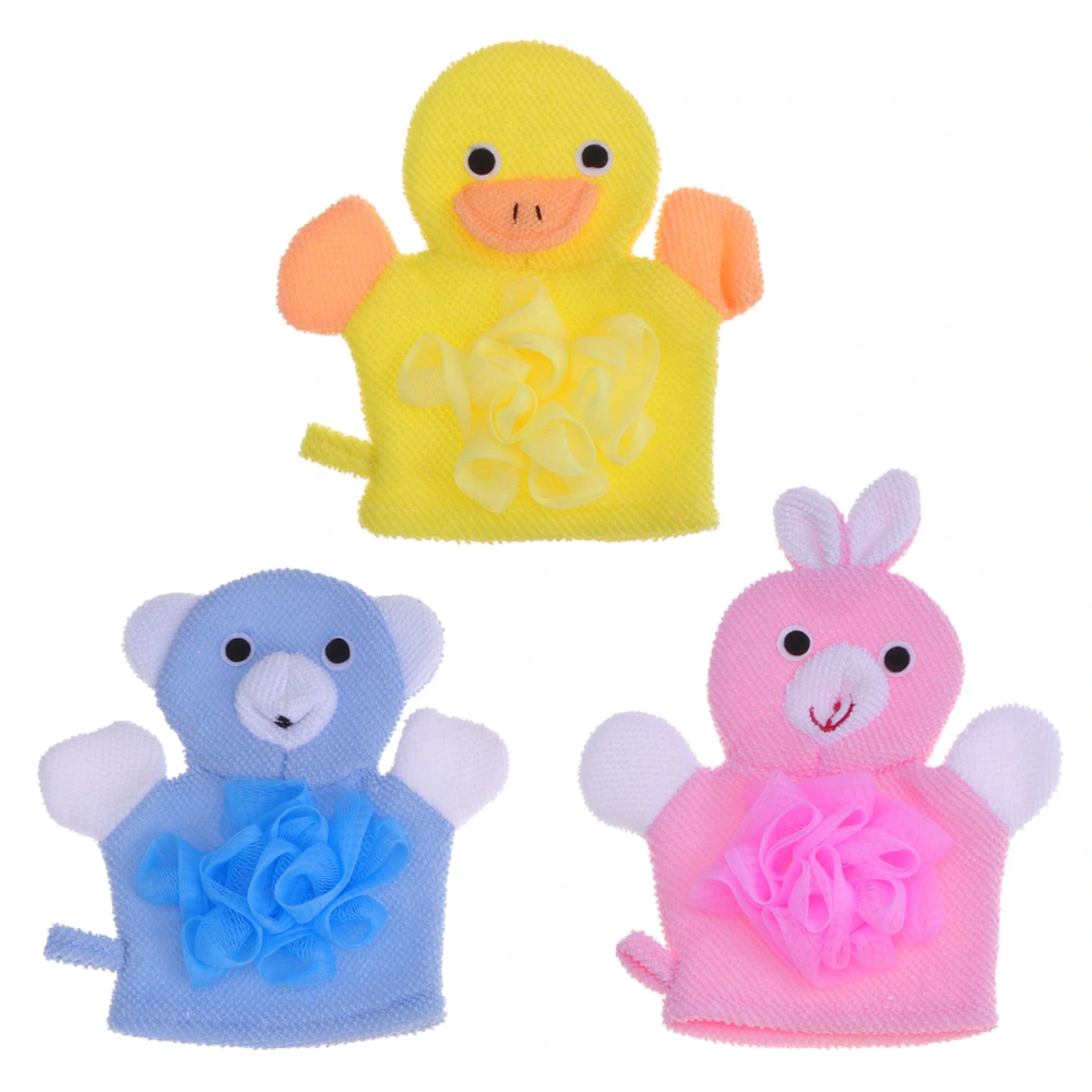 3PCS Shower Exfoliating Bath Gloves Cartoon Animals Dual Side Shower Gloves Body Scrubber (Yellow/Blue/Pink)