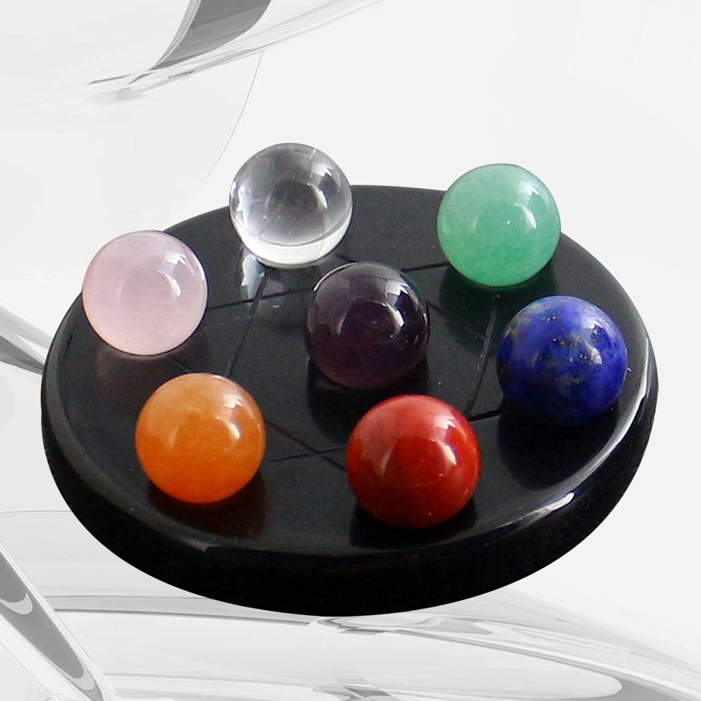 7 Chakra Gemstone Ball Sphere Set on Black Obsidian Heart Chakra Hexagram Stand Reiki Healing Crystals Authentic Stress Free Relaxation Fengshui Seven-star Appetizer Plate
