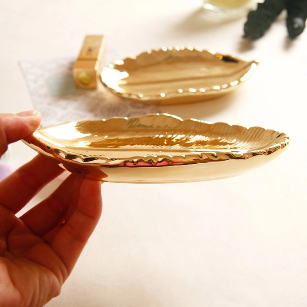 2 Pcs Golden Leaf Jewelry Dish Tray Handmade Ceramic Plate Jewelry Storage Ring Necklace Accessories Organizer for Home Desktop Decoration