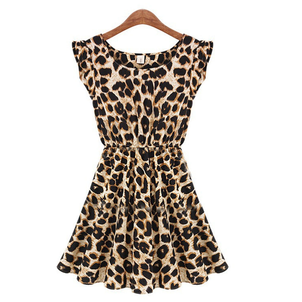 Fashion Summer Round Collar Sleeveless Women's Sexy Slim Fit Leopard Short Dress - Size M