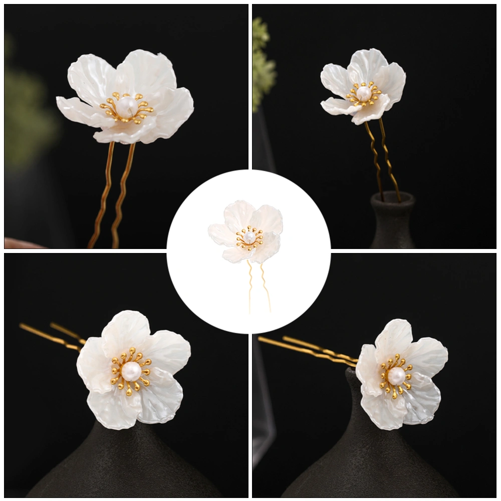 4pcs Hair Sticks White Camellia Hairpin with Pearl Girl Hair Decor Accessory