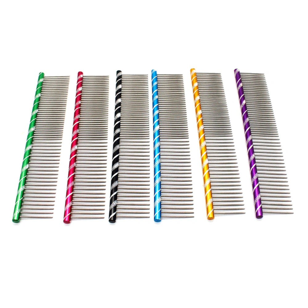 Stainless Steel Dog Cat Shedding Comb Pet Grooming Trimming Comb with Different Spaced Teeth (Purple)