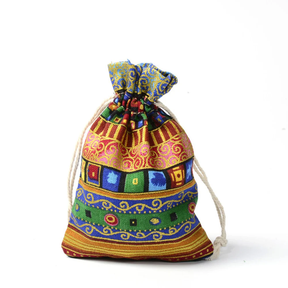 12pcs Drawstring Bag Retro Ethnic Pattern Cotton Drawstring Bag Empty String Gift Packing Bags for Wedding (15x20cm)