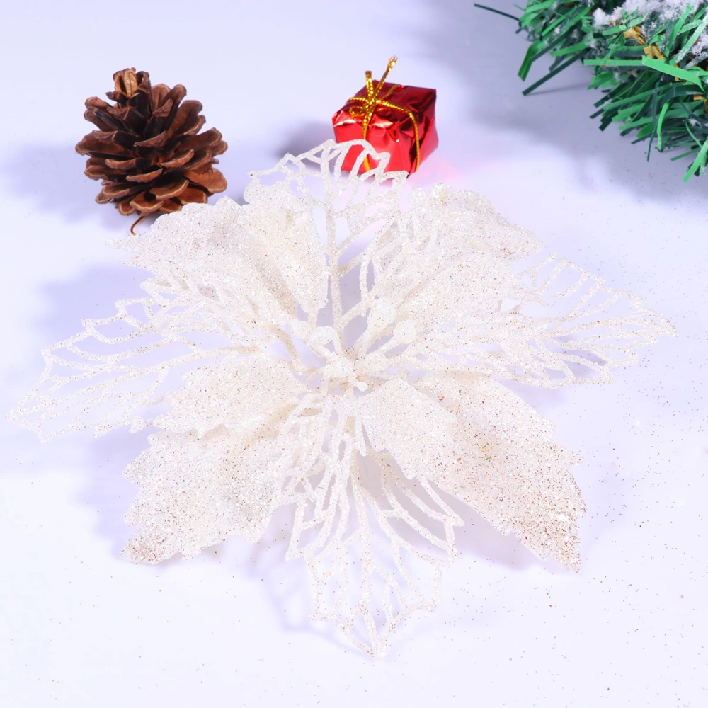 5pcs Christmas Tree Decorative Flower Glitter Simulate Flower Ornaments Hollow Out Delicate Flowers(Silver, Champagne, White, Dark Coffee, Light Copper, 1pc for Each Color)